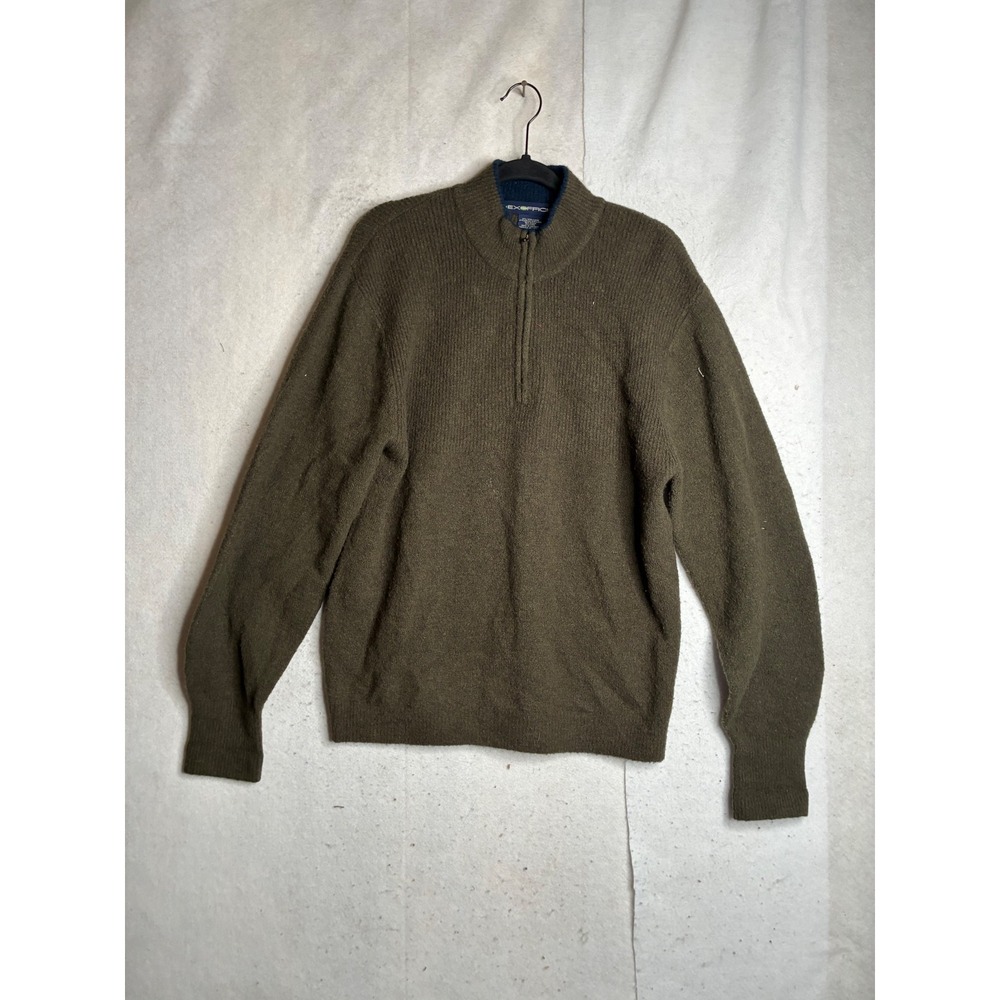 ExOfficio Mens Wool Blend Quarter Zip Sweater Olive Green Large Ribbed Knit